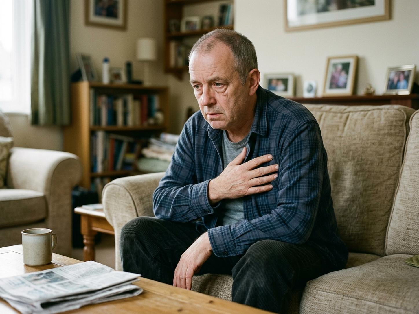 A man in his late fifties sitting at home, looking tired and short of energy