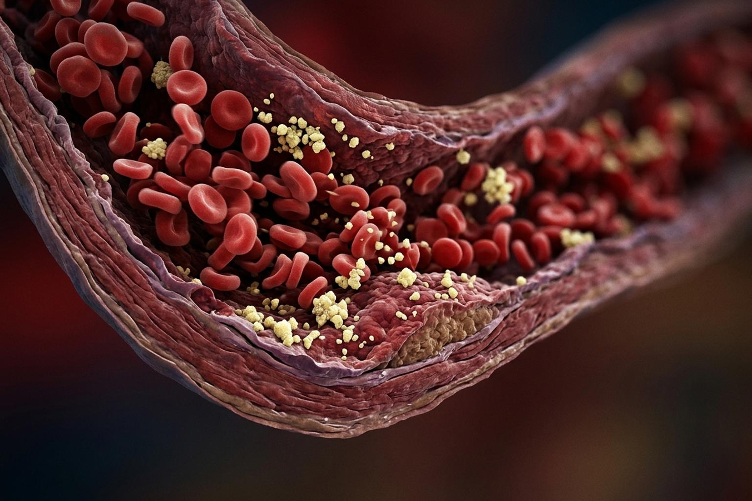 Medical illustration of blood cells and cholesterol particles moving through a blood vessel