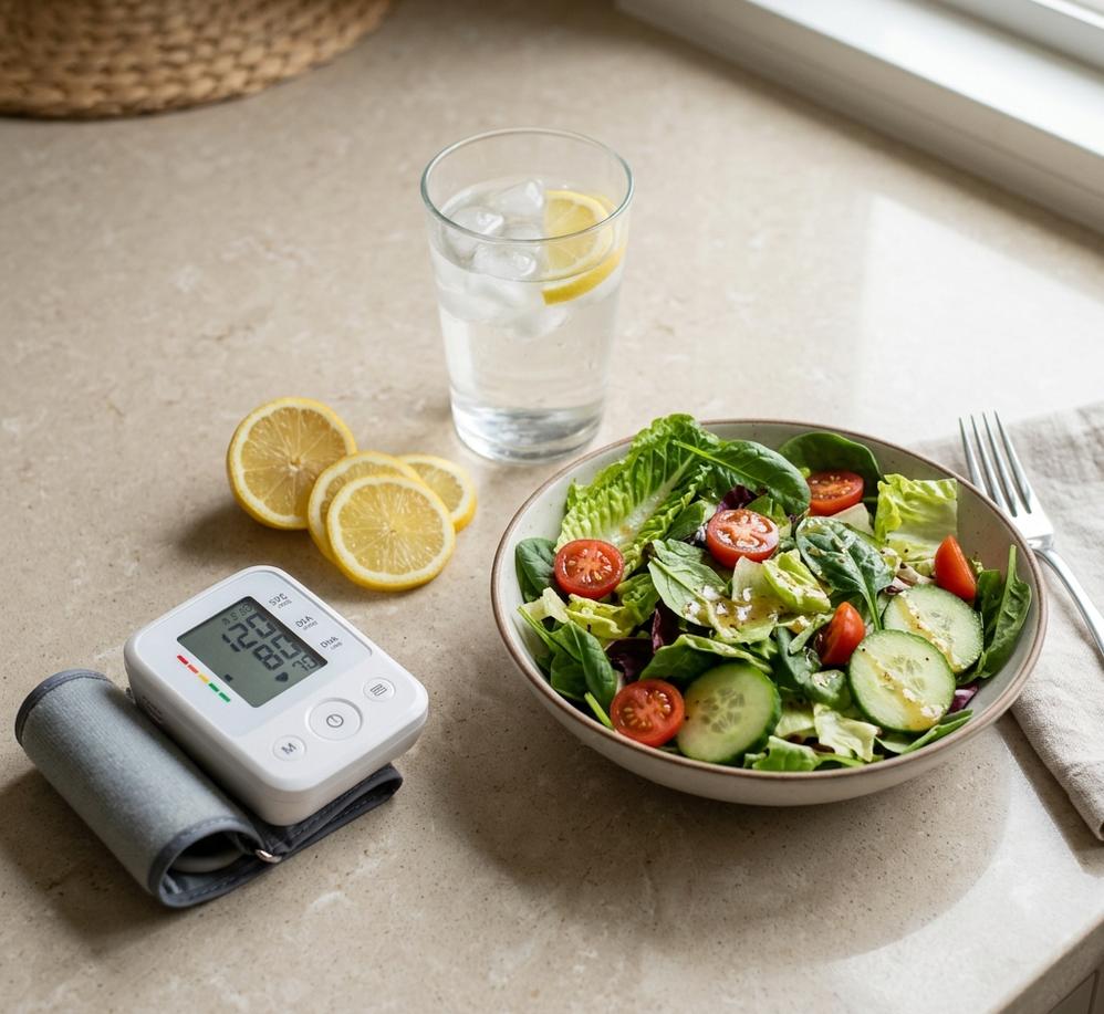 Common heart-health advice items: a blood-pressure monitor, lemon water and a fresh salad on a counter