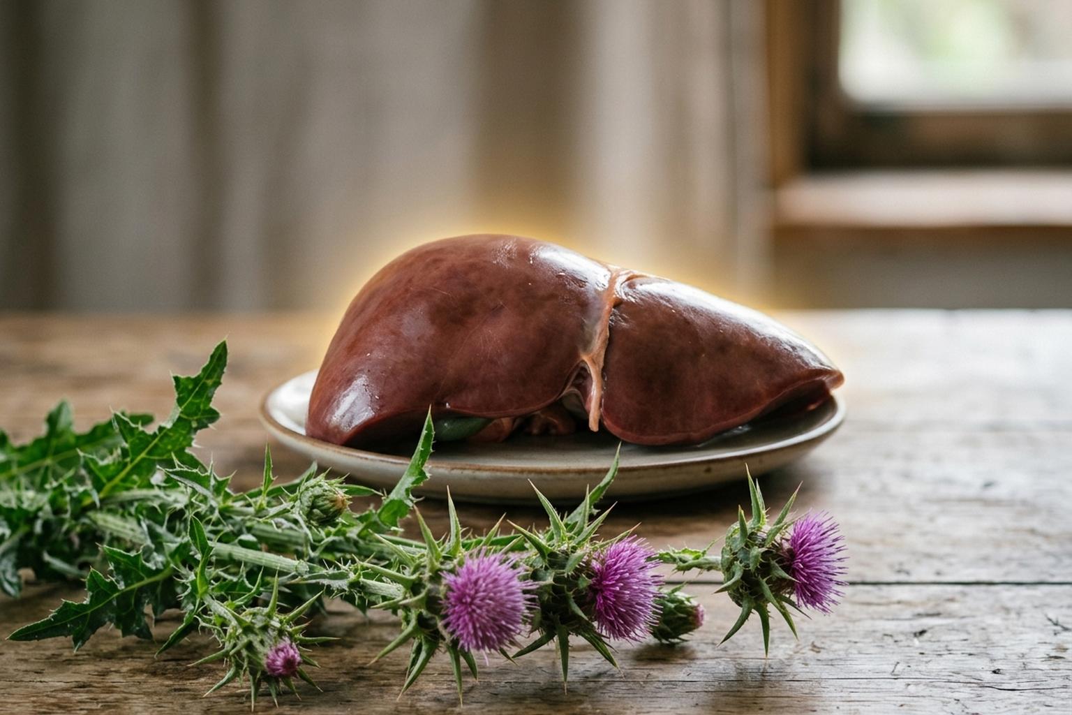 A healthy liver beside fresh milk thistle